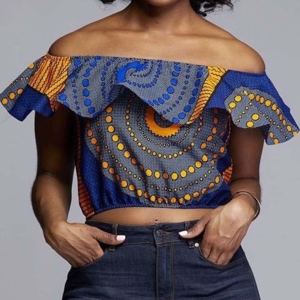 D'Iyanu Womens African Print Off Shoulder Ruffle Crop Top Blue Yellow Cotton L